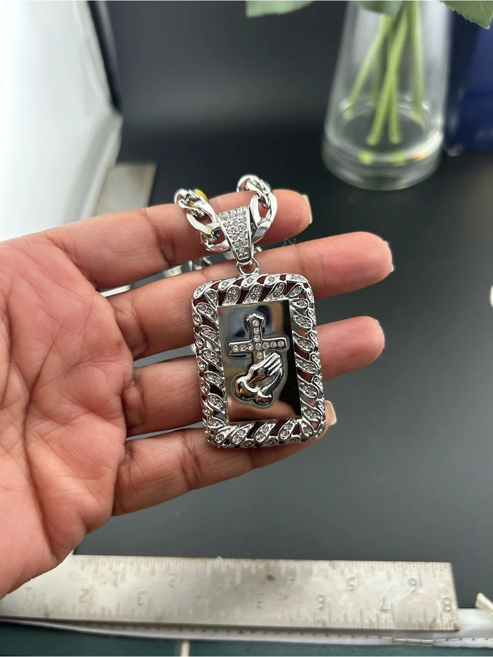Anthony Jacobs Men's Stainless Steel Pave Cross & Praying Hands Pendant Necklace